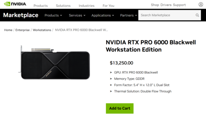 NVIDIA RTX PRO 6000 Blackwell grafik kartı, çift yuvalı soğutma tasarımına sahiptir. (Kaynak: Nvidia)